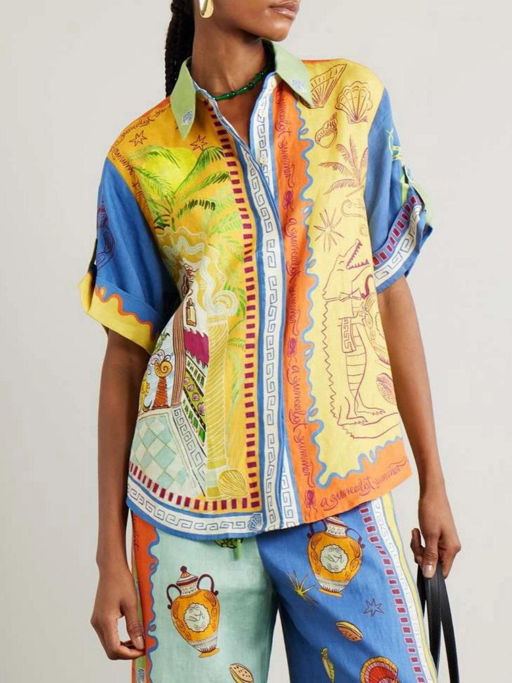 Vasaras Fantāzijas Druka Īsām Piedurknēm Brīva Blūze un Bikses Komplekts