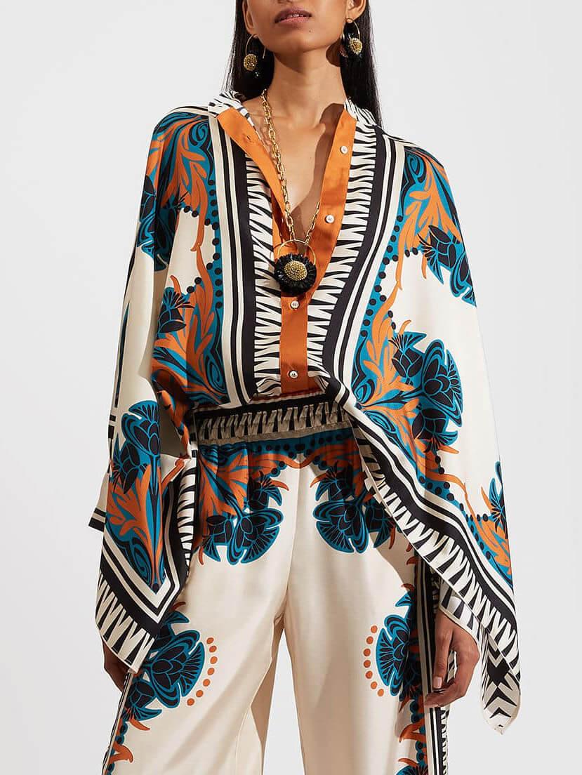 Ziedu Raksta Satīna Krekli un Bikses ar Batwing Piedurknēm